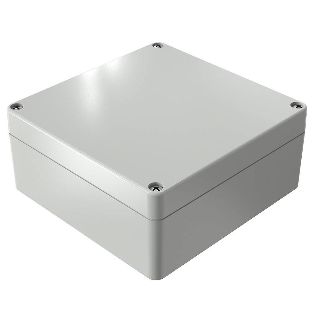 Ein grauer quadratischer Elektro-Verteilkasten mit vier Schrauben an den Ecken, der zur Einhausung elektrischer Anschlüsse verwendet wird.