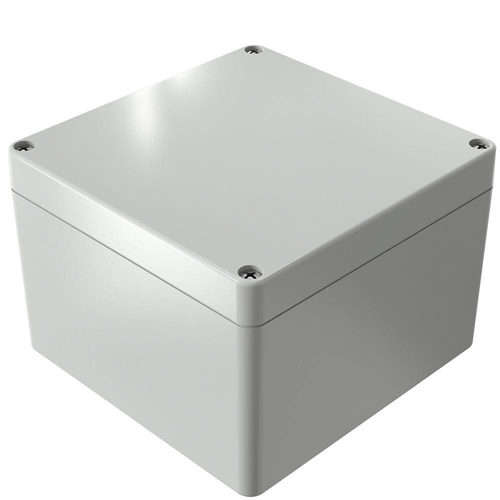 Eine graue, quadratische elektrische Verteilerdose mit einem flachen, versiegelten Deckel, die durch vier Schrauben in den Ecken gesichert wird und zur Unterbringung von Elektroverbindungen dient.