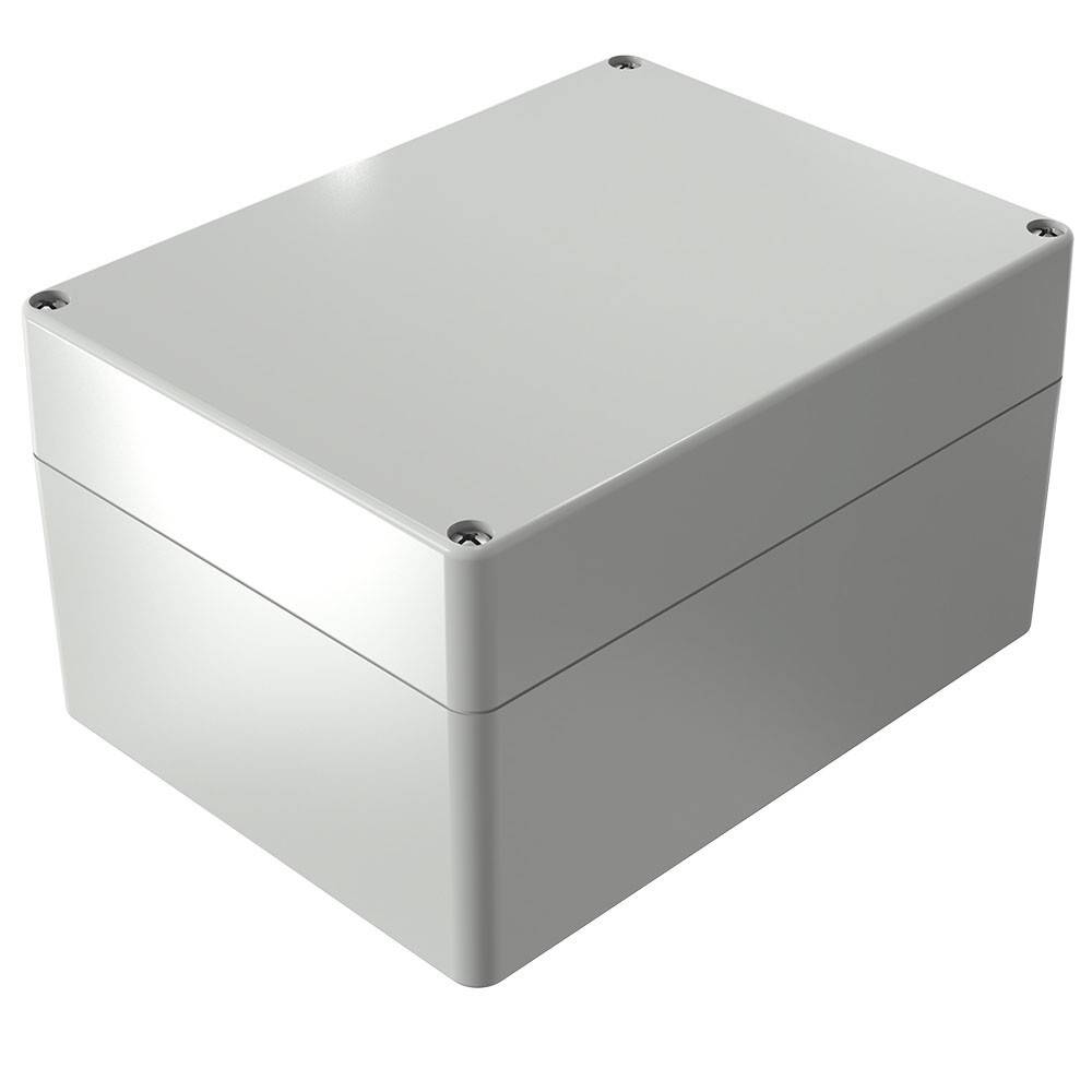 Eine schlichte, graue rechteckige Metallbox mit glatter Oberfläche und abgerundeten Kanten, die mit Schrauben an jeder Ecke befestigt ist.