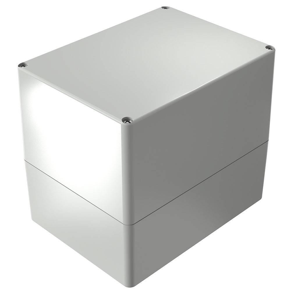 Eine metallische, rechteckige Box mit glänzender Oberfläche, die Schrauben an den Ecken auf ihrer Oberseite vor einem einfarbig weißen Hintergrund zeigt.