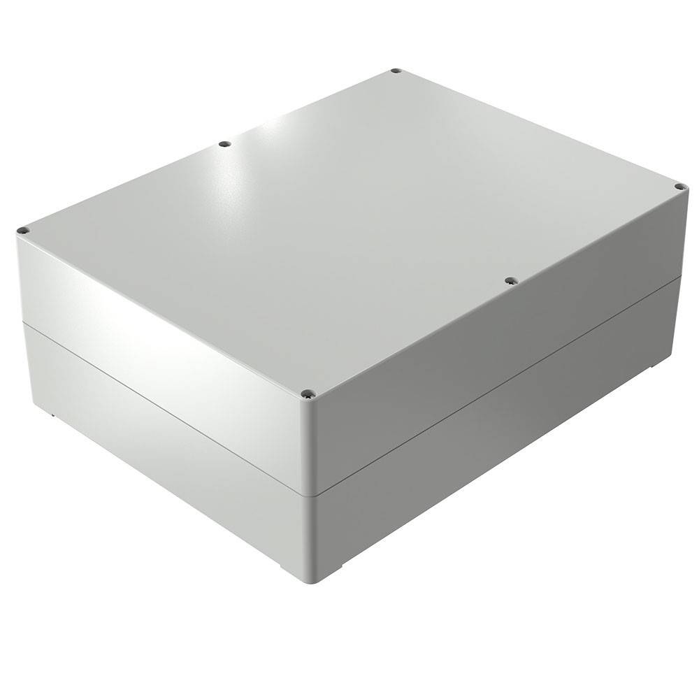 Ein rechteckiges Metallgehäuse mit einer schlichten, grauen Oberfläche und kleinen Schrauben an den Ecken, verwendet zum Unterbringen von elektronischen Komponenten.