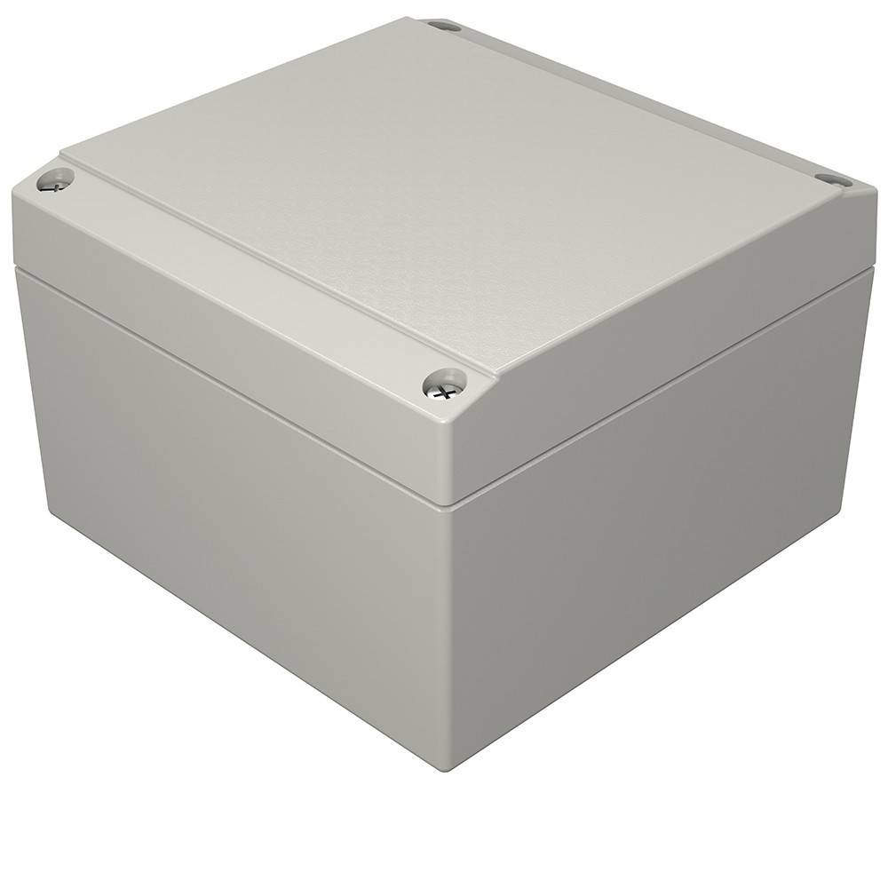 Eine beige, rechteckige, wetterfeste elektrische Verteilerdose mit geschlossenem Deckel und Eckschrauben.