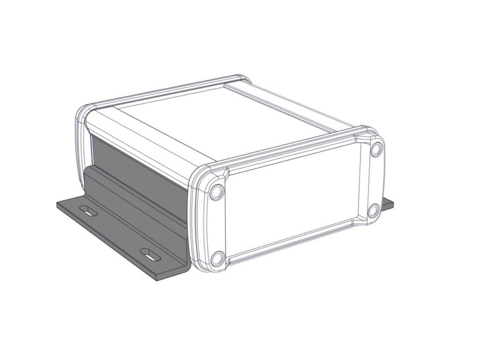 Eine 3D-Linienzeichnung eines rechteckigen elektronischen Gehäuses mit Befestigungsbügeln an jeder Seite, entwickelt zum Unterbringen von Komponenten.