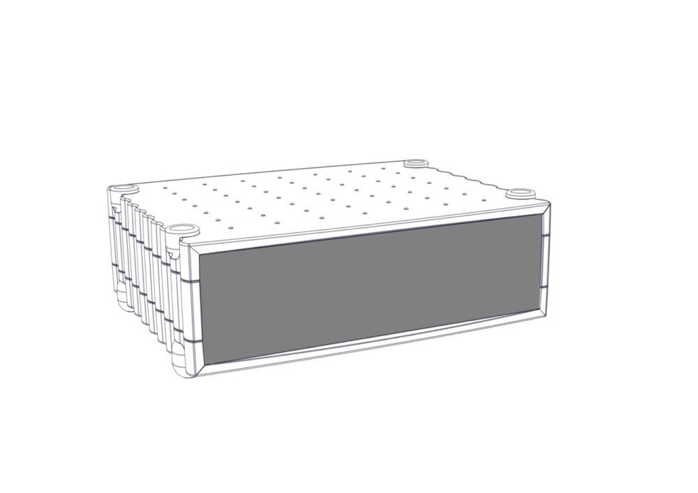 Eine Illustration eines rechteckigen elektronischen Geräts mit durchlochter Oberflächenstruktur und stapelbarem modularen Design, in Perspektive dargestellt.