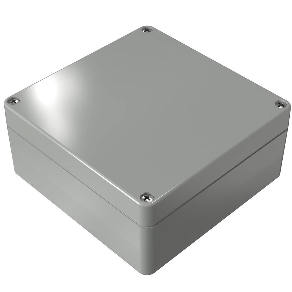 Eine graue Metall-Elektroverteilerdose mit glatter Oberfläche und vier Befestigungsschrauben an den Ecken zum Verschluss.
