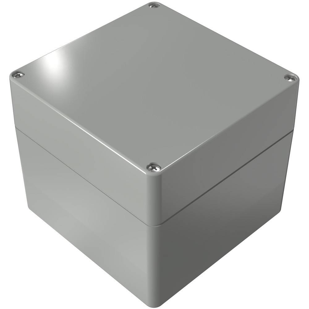Eine graue, quadratische Metallverteilerdose mit vier Schrauben an den Ecken, die zur Unterbringung und zum Schutz elektrischer Verbindungen dient.