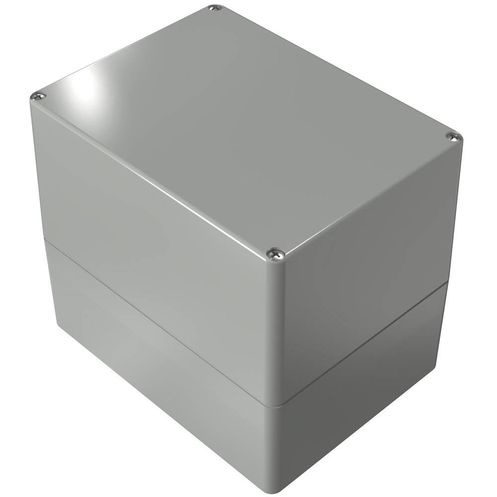 Ein grauer, rechteckiger mechanischer Gehäuse mit einer glatten, soliden Oberfläche, zusammengehalten von sichtbaren Schrauben an jeder Ecke.