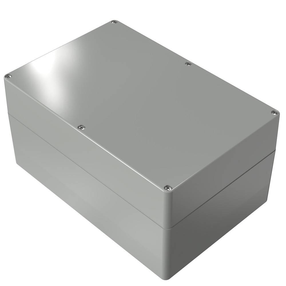 Ein silberner rechteckiger Metallgehäuse mit einer glatten, reflektierenden Oberfläche, versehen mit vier Schrauben an den oberen Ecken.