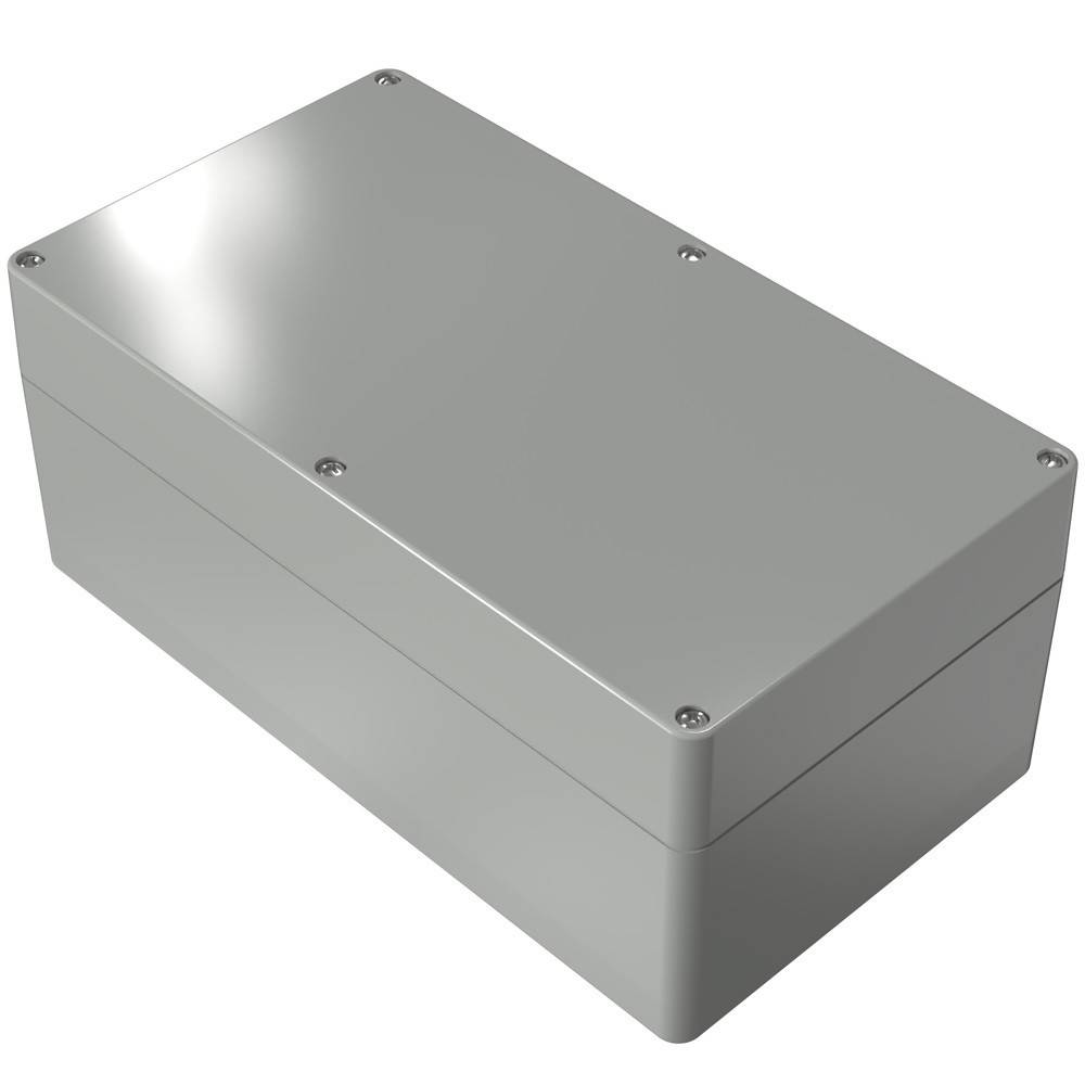 Eine rechteckige Metallummantelung mit reflektierender Oberfläche, die Schrauben an jeder Ecke aufweist und zur Aufnahme elektrischer Komponenten geeignet ist.