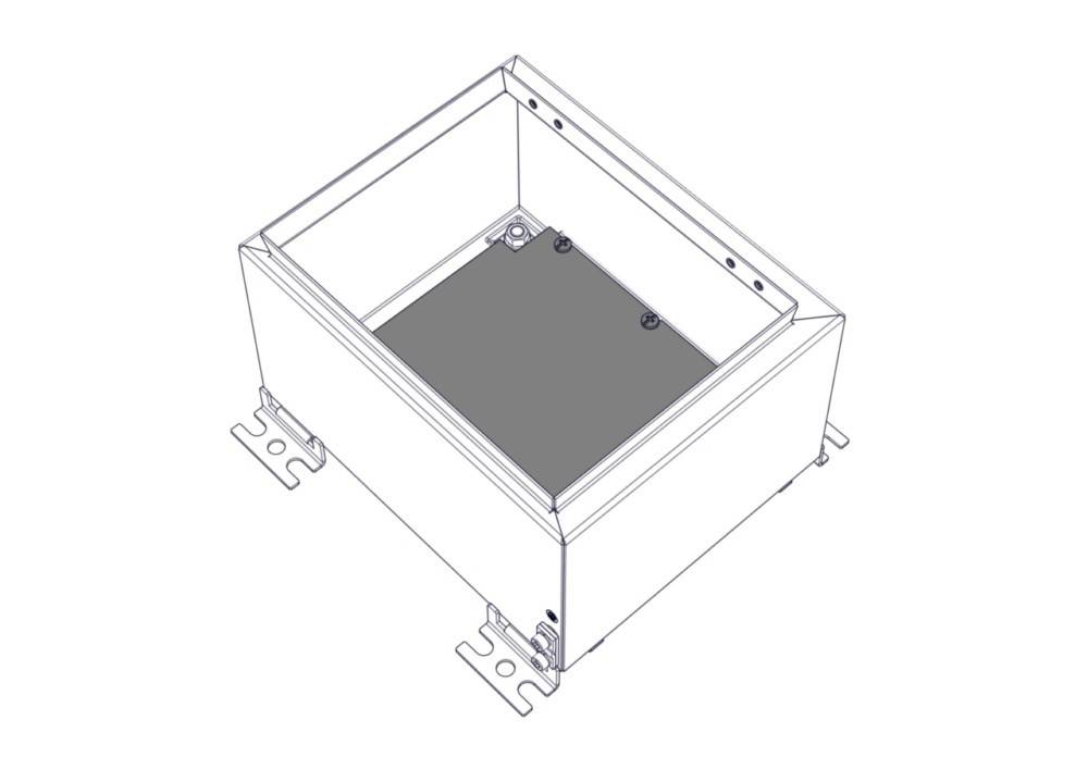 Isometrische Zeichnung eines Metallgehäuses mit Flansche an beiden Seiten zur Befestigung. Von oben betrachtet, mit Darstellung von Tiefe und Struktur.
