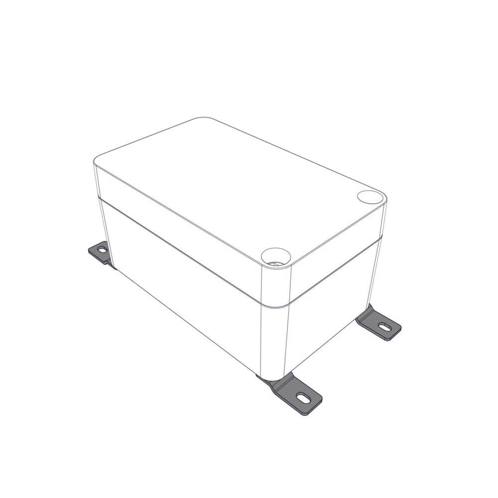 Eine 3D-Linienzeichnung zeigt eine rechteckige elektrische Verteilerdose mit Montagelöchern an jeder Ecke, von oben in einem Winkel betrachtet.