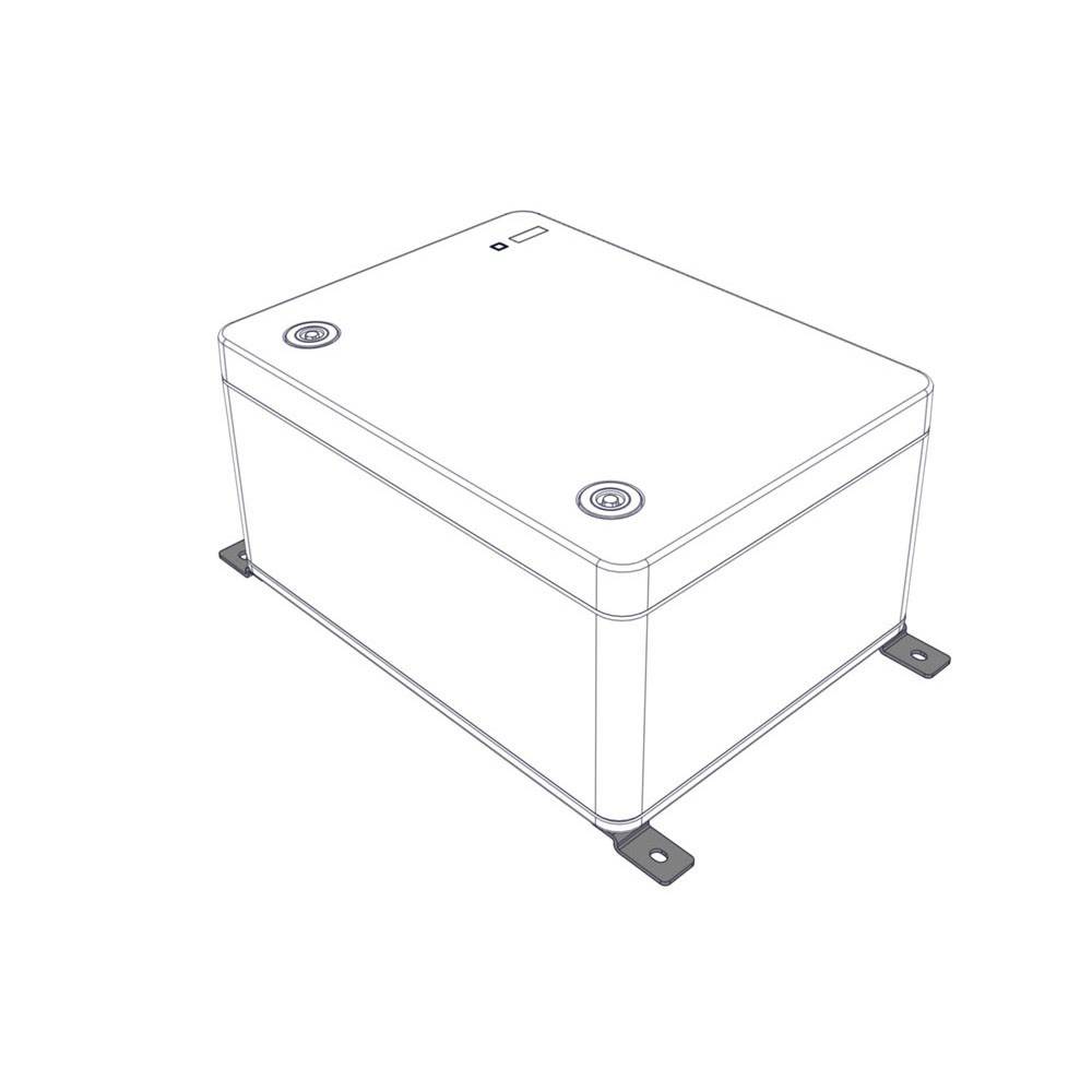 Eine technische Zeichnung einer rechteckigen Box mit abgerundeten Kanten, die zwei kreisförmige Elemente auf der Oberseite und Befestigungshalterungen an den Seiten aufweist.