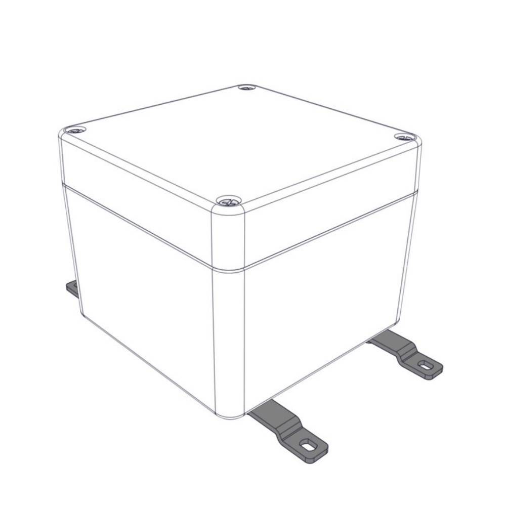 Eine 3D-Linienzeichnung einer würfelförmigen Box mit abgerundeten Ecken und vier Schrauben auf der Oberseite. Zwei Befestigungsklammern erstrecken sich von der Basis.