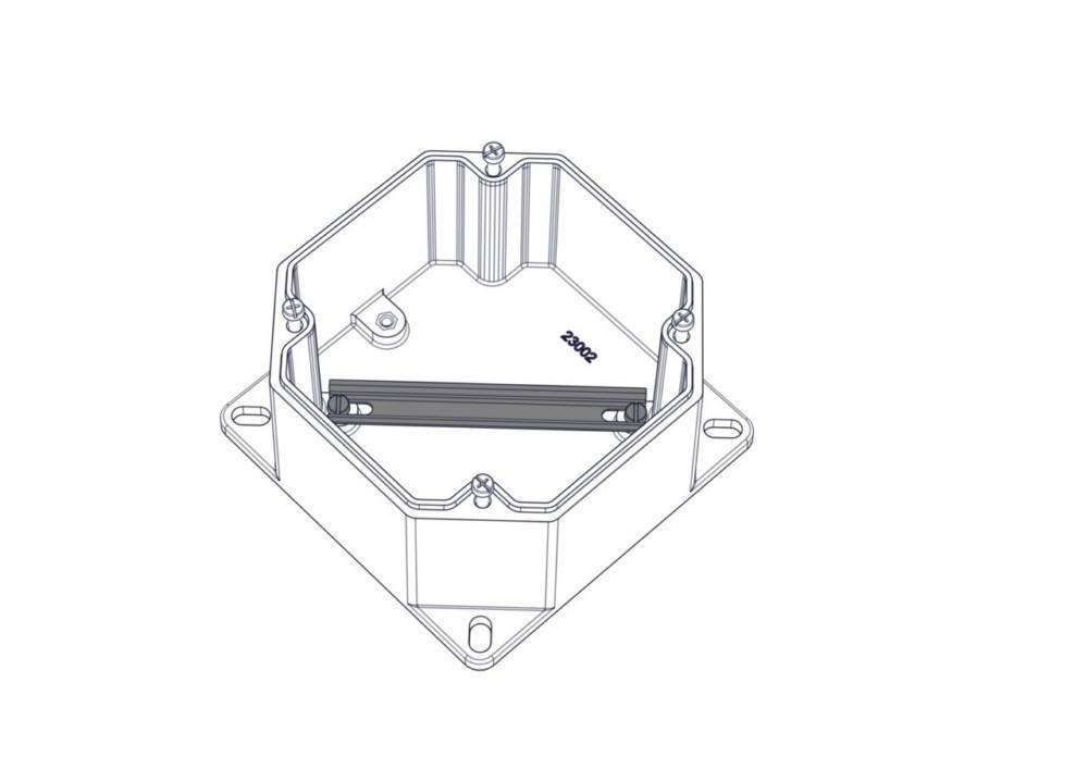 Eine Darstellung eines sechseckigen Kunststoffgehäuses mit Deckel und Befestigungslöchern, das einen internen Bereich für elektronische Komponenten aufweist.