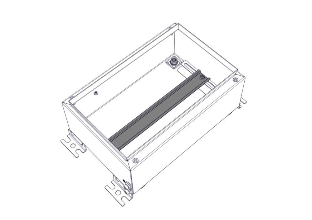 Eine Darstellung eines rechteckigen Metallgehäuses mit Befestigungsbügeln und einem zentralen Tragbalken, verwendet zur Unterbringung von elektrischen Komponenten.