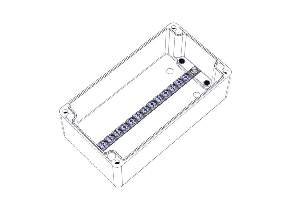 Eine offene rechteckige Anschlussdose mit einer Reihe von Gewindestiften entlang des Bodens, die für elektrische Anschlüsse und das Befestigen von Komponenten verwendet wird.