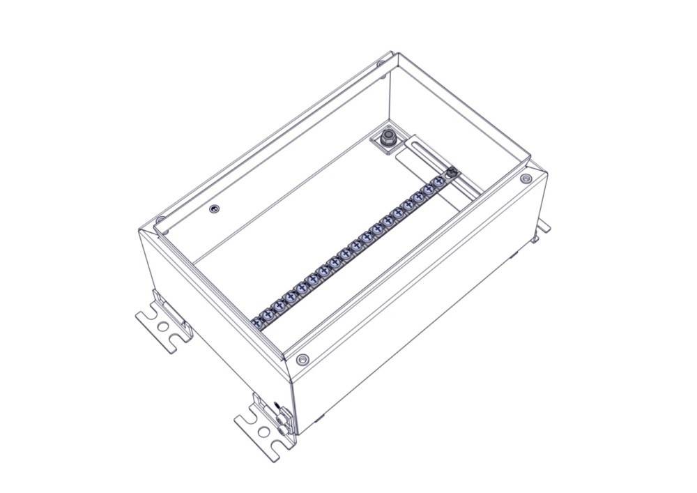 Technische Zeichnung eines rechteckigen Metallgehäuses mit einer Reihe von montierten Schraubklemmen im Inneren, die für elektrische Verbindungen verwendet werden.