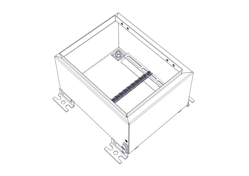 Eine technische Zeichnung einer rechteckigen Metallbox mit Befestigungsbügeln an zwei Seiten und mehreren Löchern an einer Kante für Verdrahtung oder Anschlüsse.