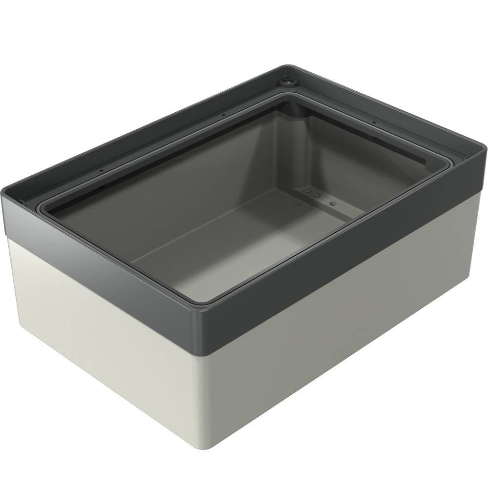 Rechteckige Kunststoffgehäuse mit transparentem Deckel, geeignet für die Unterbringung elektronischer Komponenten.