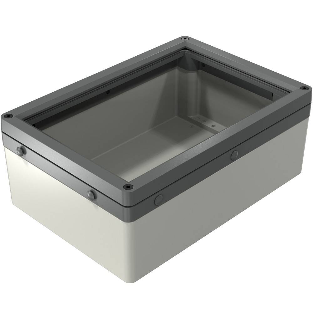 Eine rechteckige, graue Elektroverteilerbox aus Kunststoff mit einem transparenten Deckel, die zum sicheren Gehäuse von elektronischen Bauteilen verwendet wird.