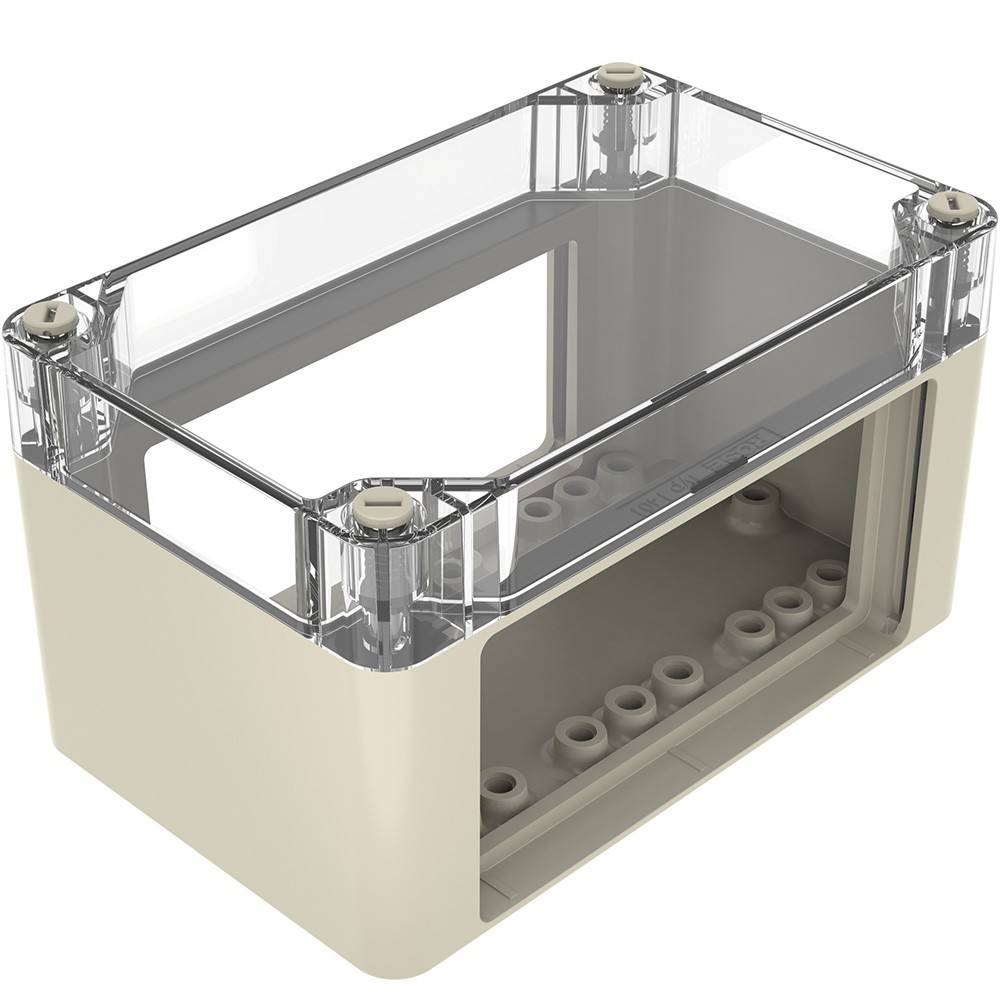 Ein rechteckiges beiges Gehäuse mit einem durchsichtigen Deckel, das Bohrlöcher im Inneren für mögliche Kabel- oder Elektronikbestückung aufweist.