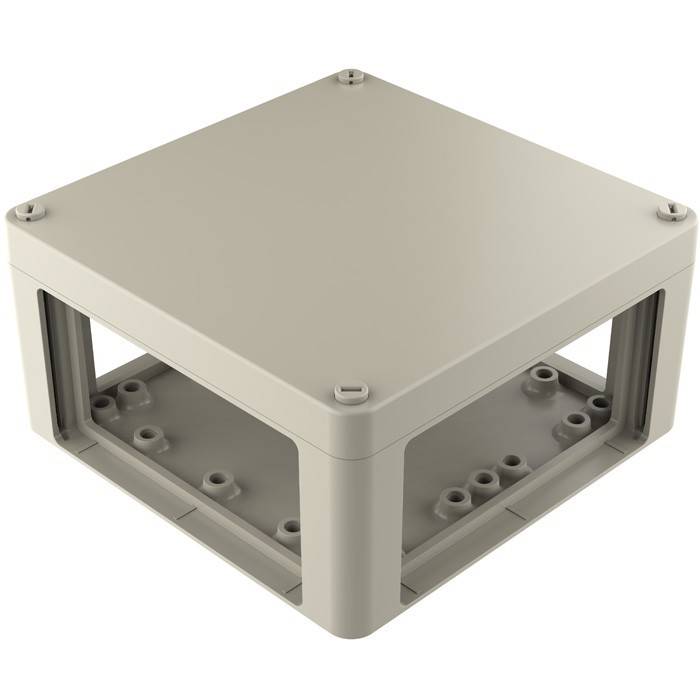 Ein beige, quadratisches Kunststoffgehäuse mit offenen Seiten und sichtbaren Schraubenlöchern an der Basis, das für die Aufnahme elektronischer Komponenten konzipiert ist.