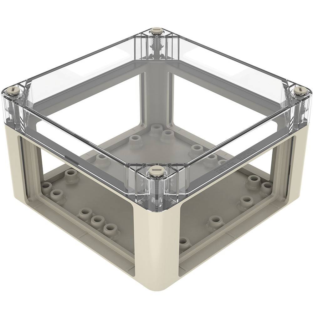 Eine beige Kunststoff-Aufbewahrungsbox mit transparentem Deckel, ausgestattet mit Eckbeschlägen und abgerundeten Kanten, entwickelt für vielseitige Lagermöglichkeiten.
