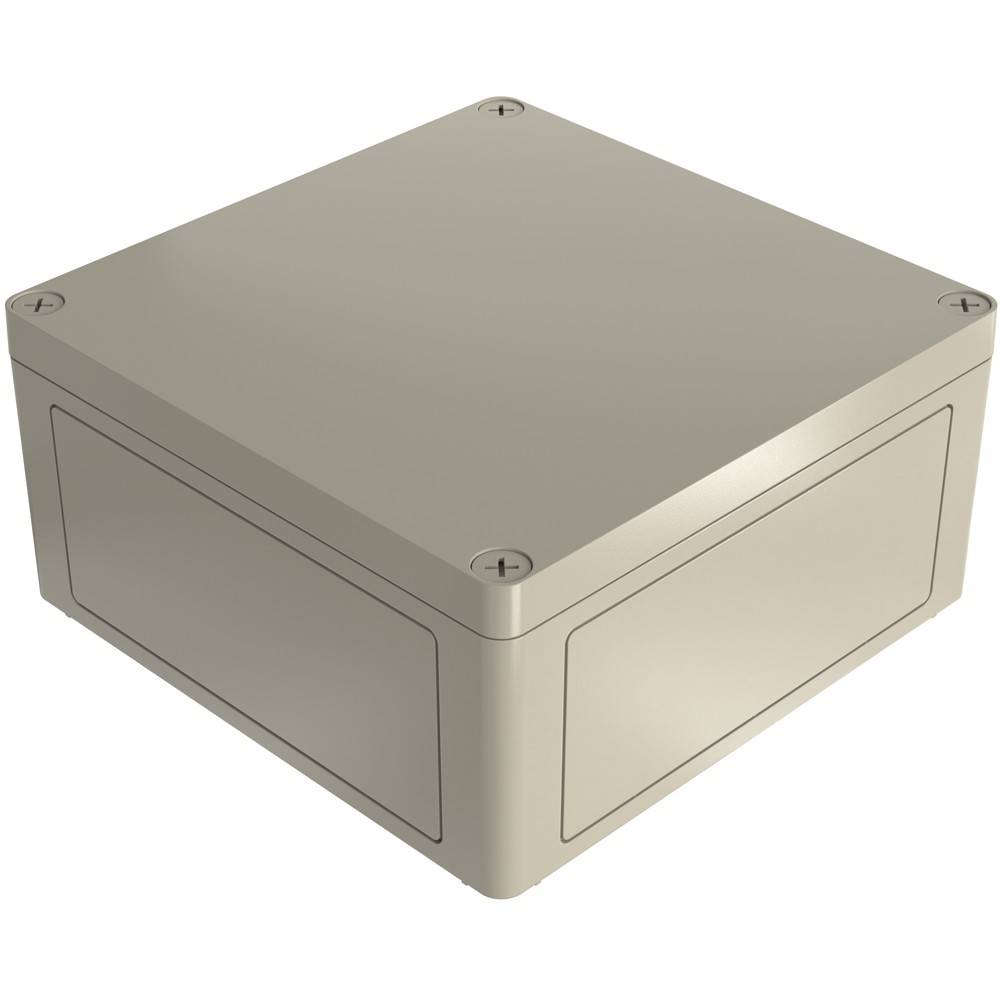 Eine beige, quadratische Elektroverteilerdose mit abgerundeten Kanten und sichtbaren Schraubenlöchern an jeder Ecke.