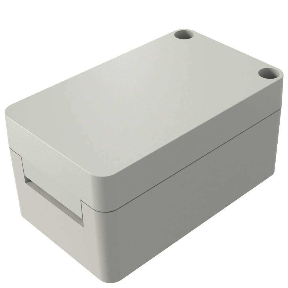 Ein rechteckiges, hellgraues Kunststoffgehäuse mit abgerundeten Kanten und zwei kreisrunden Löchern auf der Oberseite.