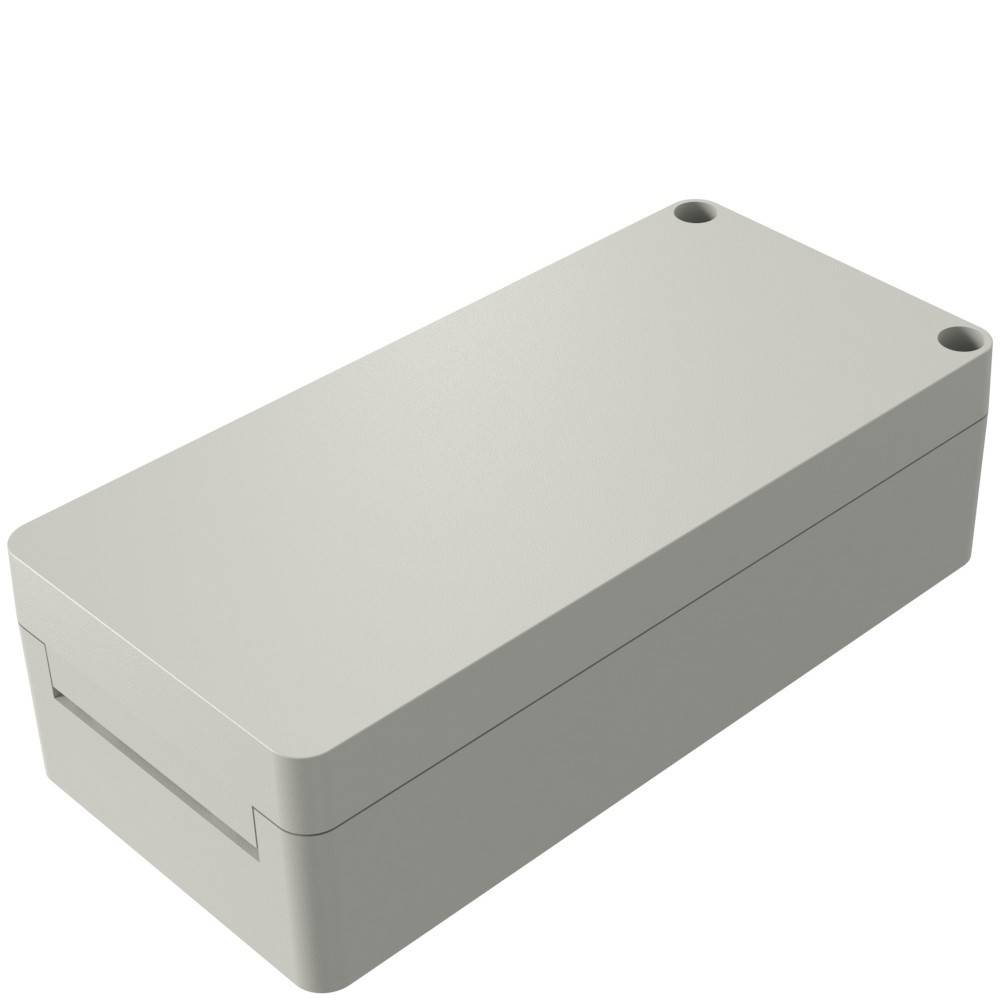 Rechteckiges graues Elektronikgehäuse aus Kunststoff mit abgerundeten Ecken und zwei Schraubenöffnungen auf der Oberseite.