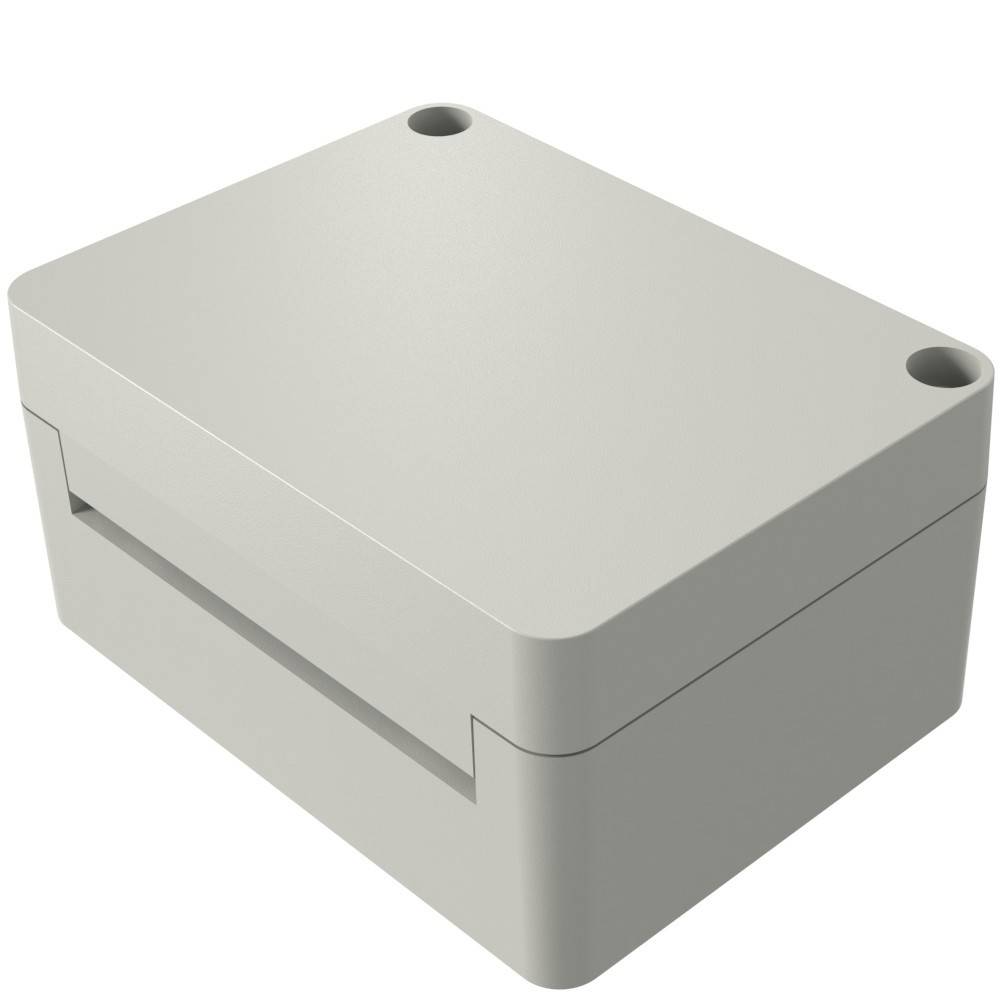 Ein weißes rechteckiges Plastik-Elektronikgehäuse mit abnehmbarem Deckel, zwei sichtbaren Schraubenlöchern und einem horizontalen Schlitz an einer Seite.