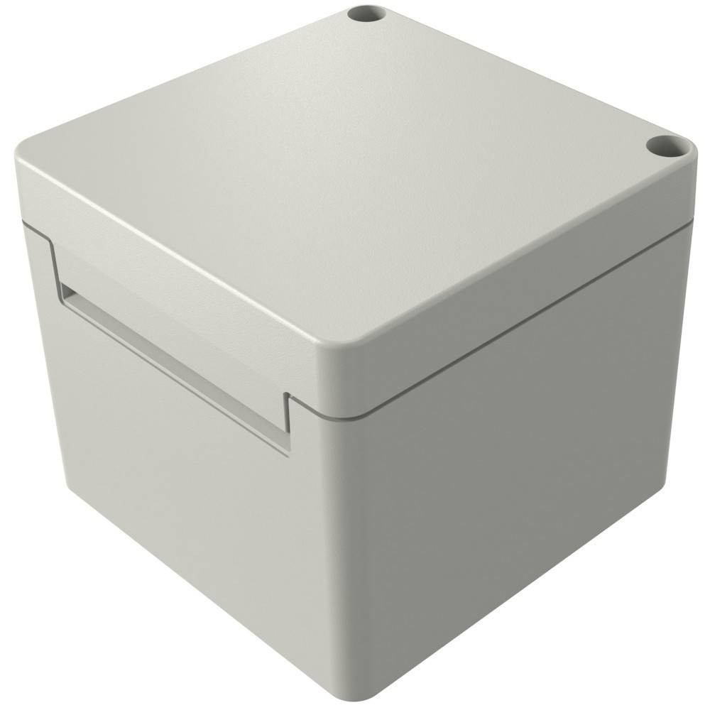 Eine weiße, quadratische, geschlossene Box mit abgerundeten Kanten und vier Löchern an den Ecken, von oben betrachtet.