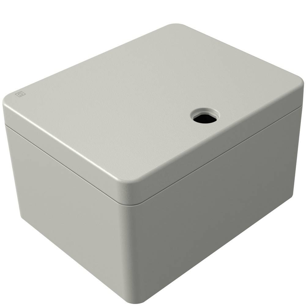 Eine graue, rechteckige Outdoor-Elektroverteilerdose mit einer einzelnen Öffnung auf der Oberseite, die zur Aufnahme und zum Schutz von Leitungsverbindungen dient.
