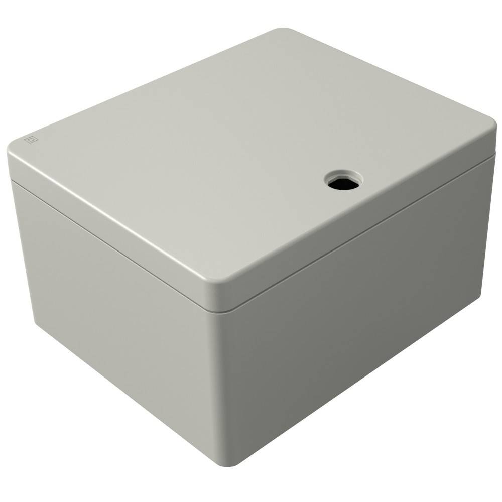 Eine beige rechteckige Box mit einer kreisrunden Öffnung in der Mitte der Oberseite, wahrscheinlich zur Aufbewahrung oder Organisation verwendet.