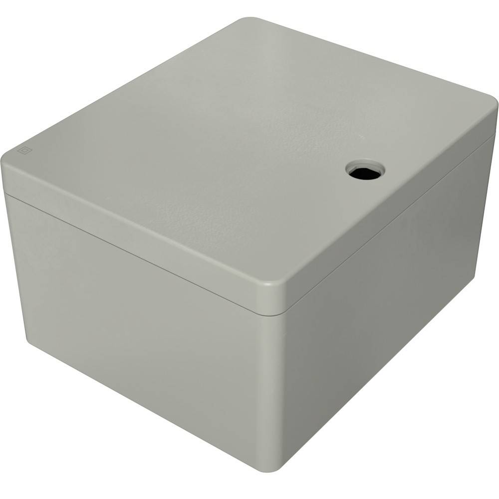 Eine schlichte graue Metallbox mit einem kleinen kreisförmigen Loch auf der Oberseite, entwickelt für elektrische Geräte oder zur Geräteunterbringung.