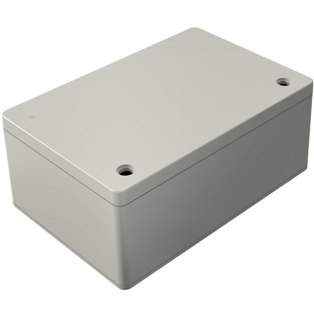 Eine schlichte, rechteckige graue elektronische Gehäusebox mit zwei sichtbaren Schraubenöffnungen auf der Oberseite, die zur Unterbringung von elektronischen Komponenten verwendet wird.