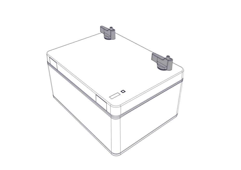 Eine Illustration eines rechteckigen elektronischen Geräts mit zwei Anschlüssen oben, höchstwahrscheinlich eine Batterie oder ein Ladegerät.