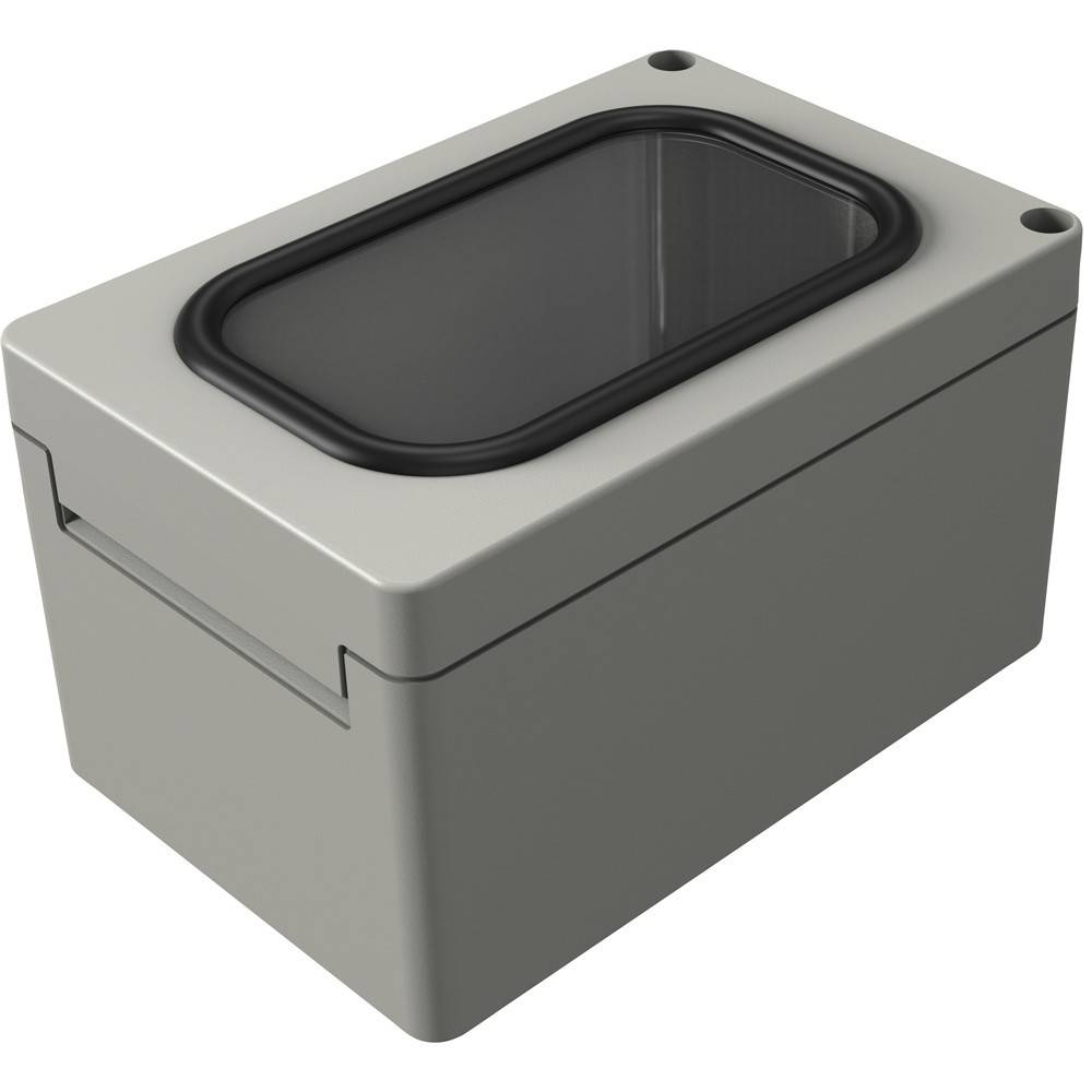 Eine kleine rechteckige graue Box mit einem transparenten Deckel und abgerundeten Kanten, die zum Aufbewahren oder Schützen von elektronischen Komponenten entwickelt wurde.