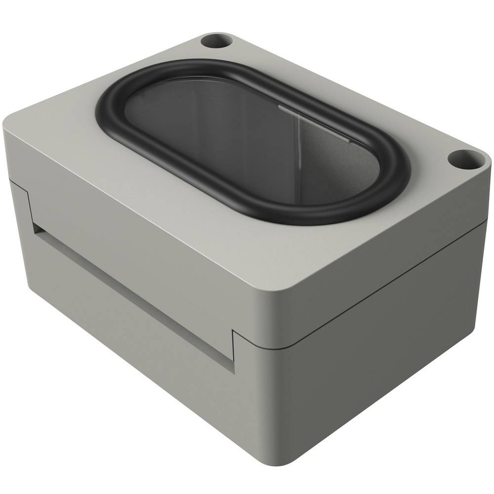 Ein rechteckiger grauer Kasten mit einer schwarzen ovalen Öffnung oben, möglicherweise ein Lautsprecher oder ein kompakter Behälter.