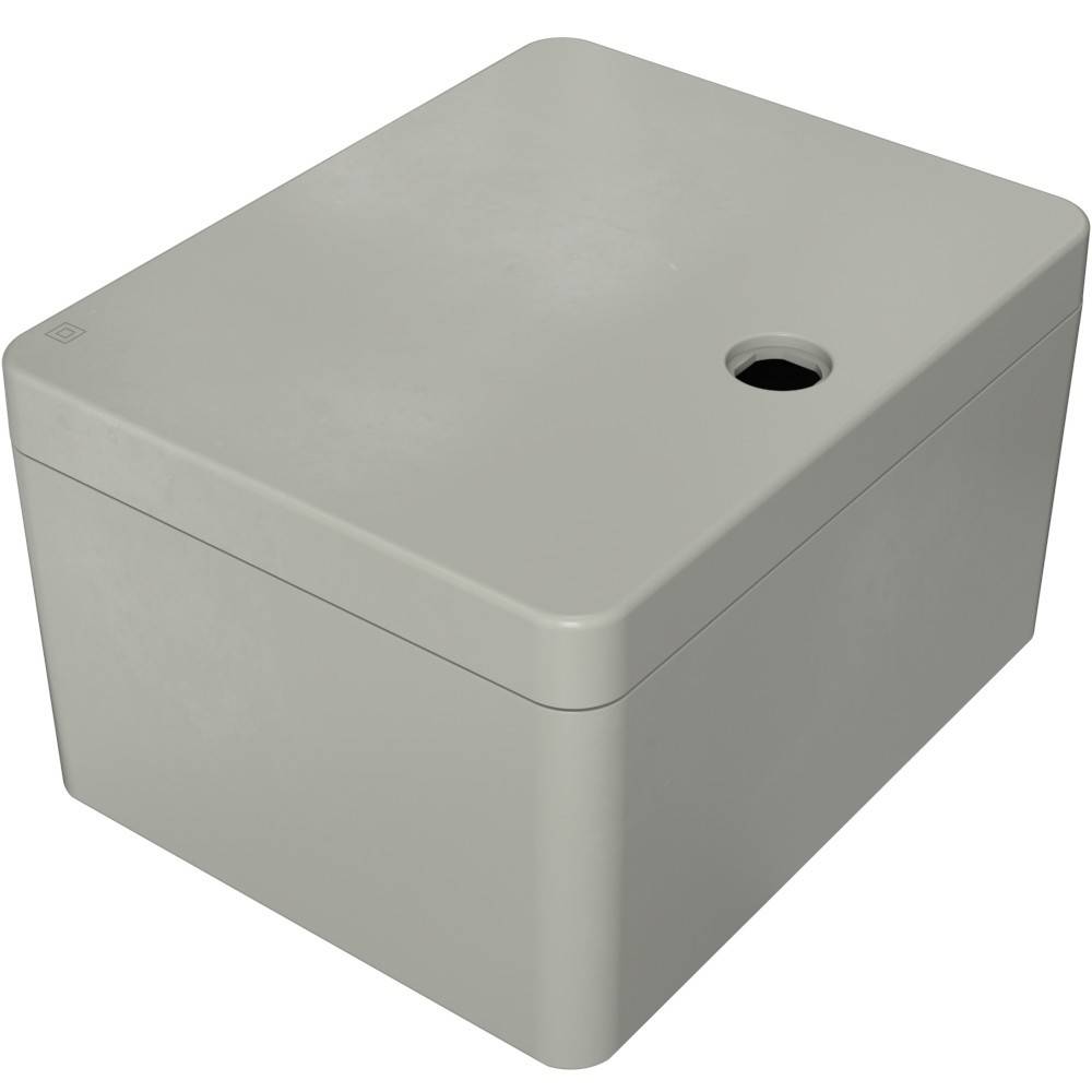 Graue, rechteckige Verteilerdose mit einer einzelnen kreisrunden Öffnung auf der Oberseite.