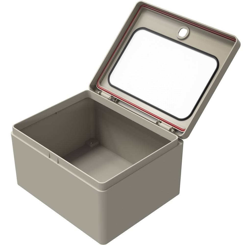 Offene, leere graue Aufbewahrungsbox mit Deckel zum Scharnieröffnen, geeignet für wasserdichte Lagerung.