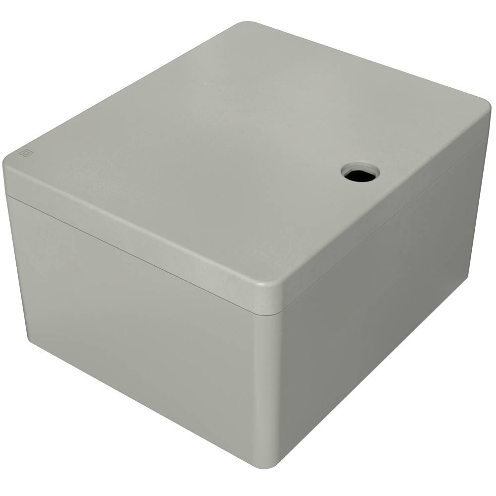 Eine graue Metallbox mit einem Loch in der oberen rechten Ecke, möglicherweise für elektrische oder industrielle Zwecke konzipiert.