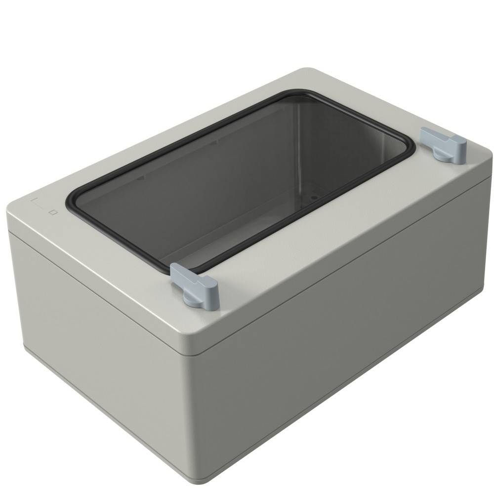 Eine rechteckige, graue Kunststoffgehäusebox mit transparentem Deckel und zwei grauen Verschlüssen an den oberen Ecken. Ideal zur Unterbringung von elektronischen Geräten.