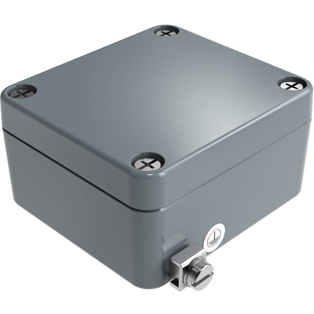 Eine graue, quadratische, versiegelte elektrische Verteilerdose mit sichtbarem Verschluss und Schraubenabdeckungen, die verwendet wird, um elektrische Anschlüsse sicher zu schützen.