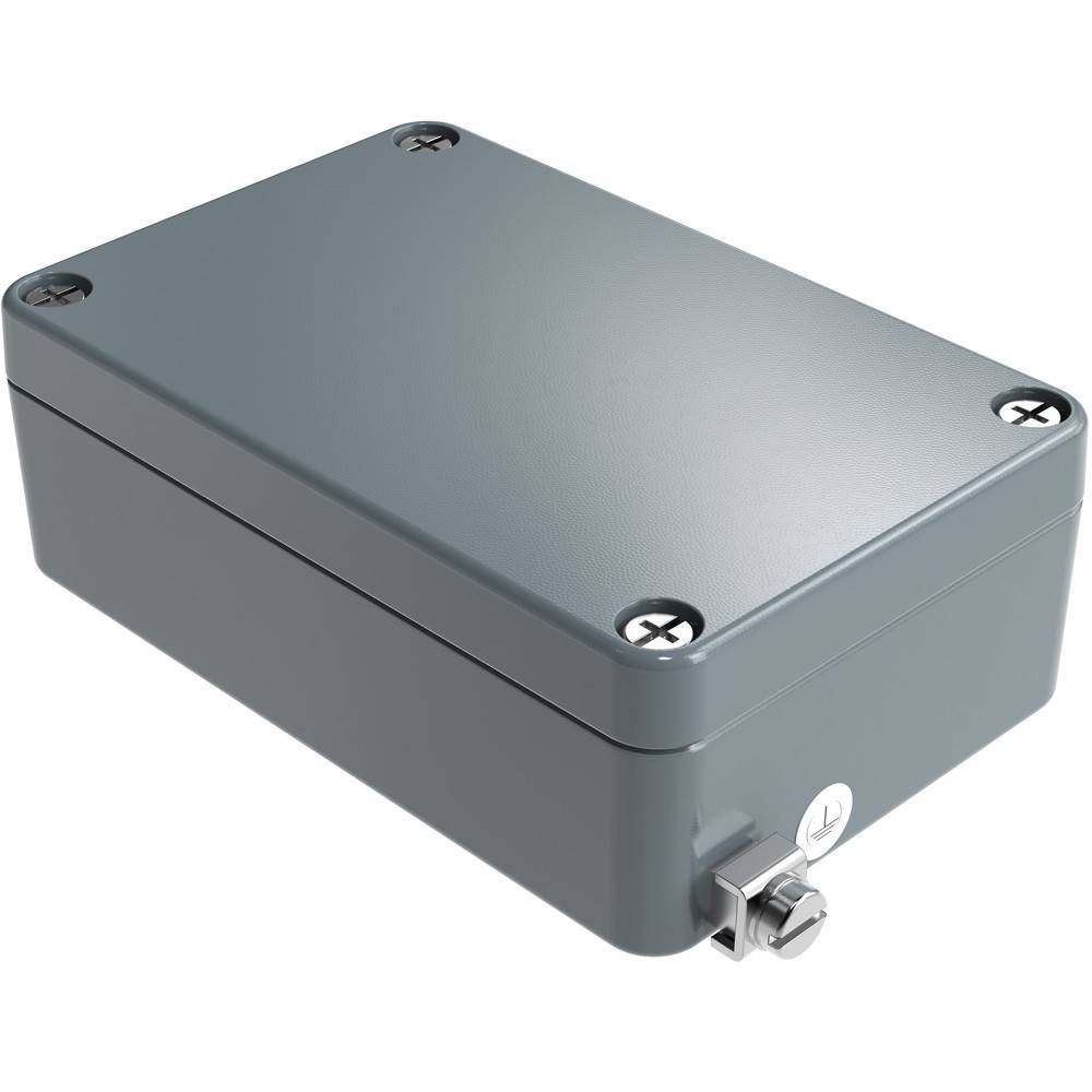 Eine graue rechteckige Metall-Anschlussdose mit schraubbar befestigtem Deckel und Kabeleintrittsöffnung.