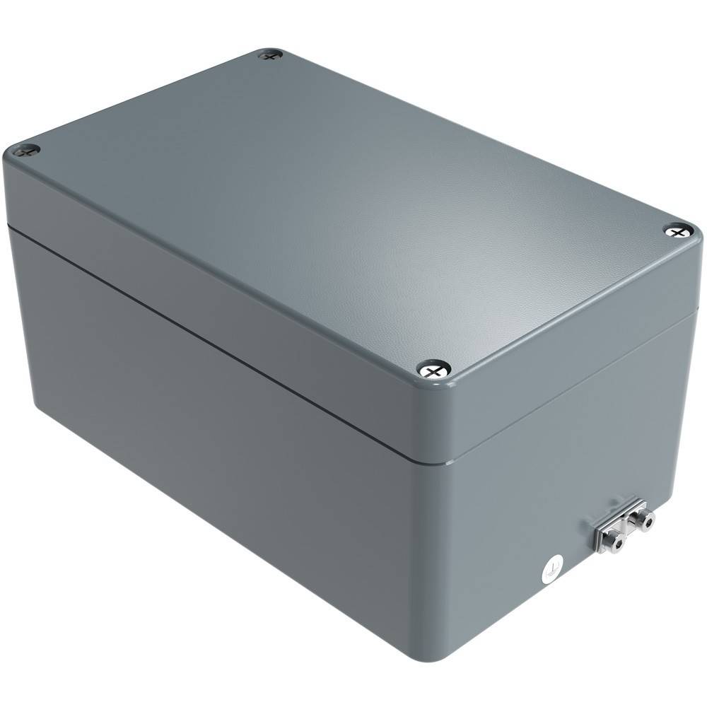 Rechteckige graue Metallbox mit Schrauben an den oberen Ecken, mit einem kleinen Verschluss an der Seite, wahrscheinlich zum Unterbringen von elektronischen Komponenten verwendet.