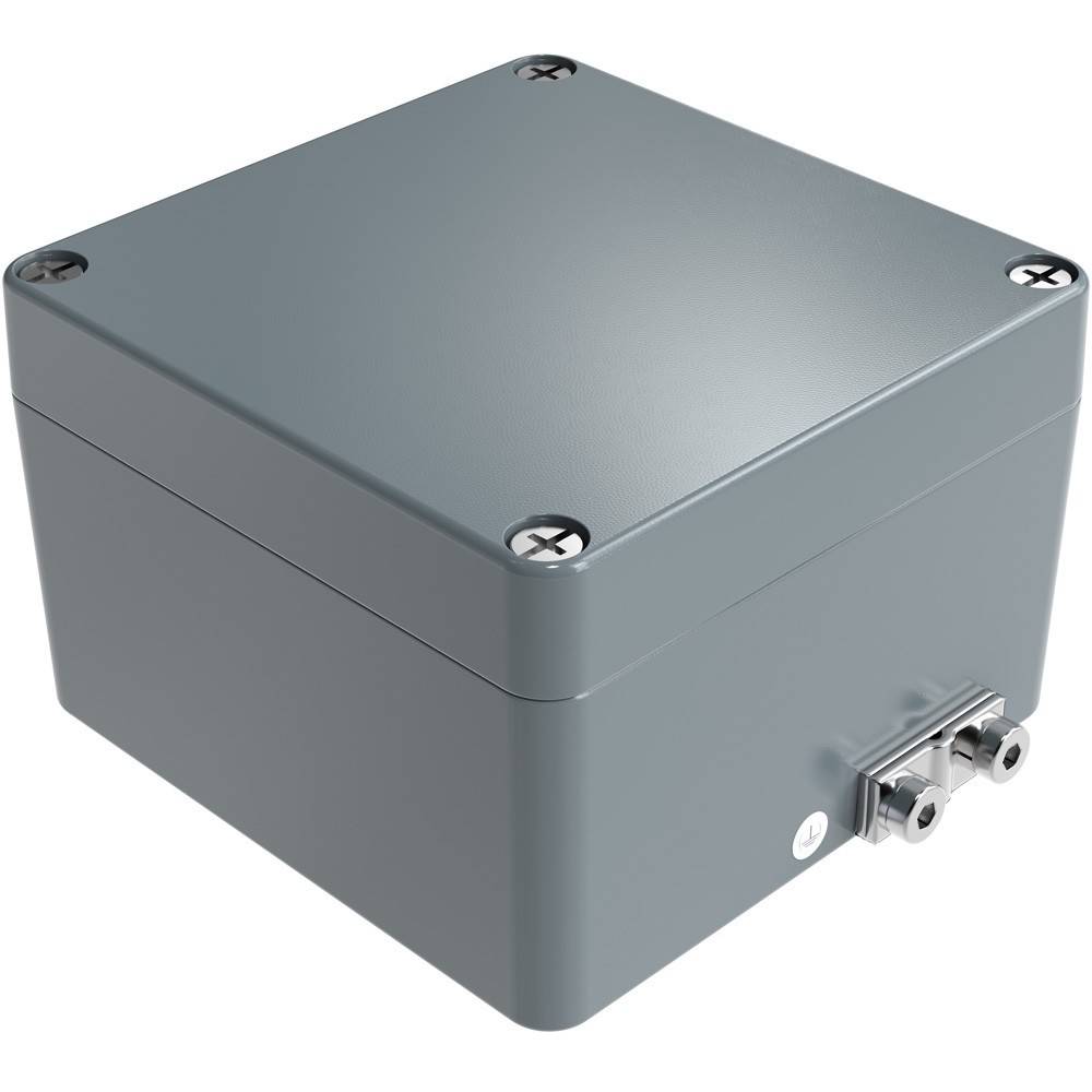 Graue Metallverteilerdose mit glatter Oberfläche und sicher verschraubtem Deckel, verwendet zur sicheren Unterbringung elektrischer Verbindungen.