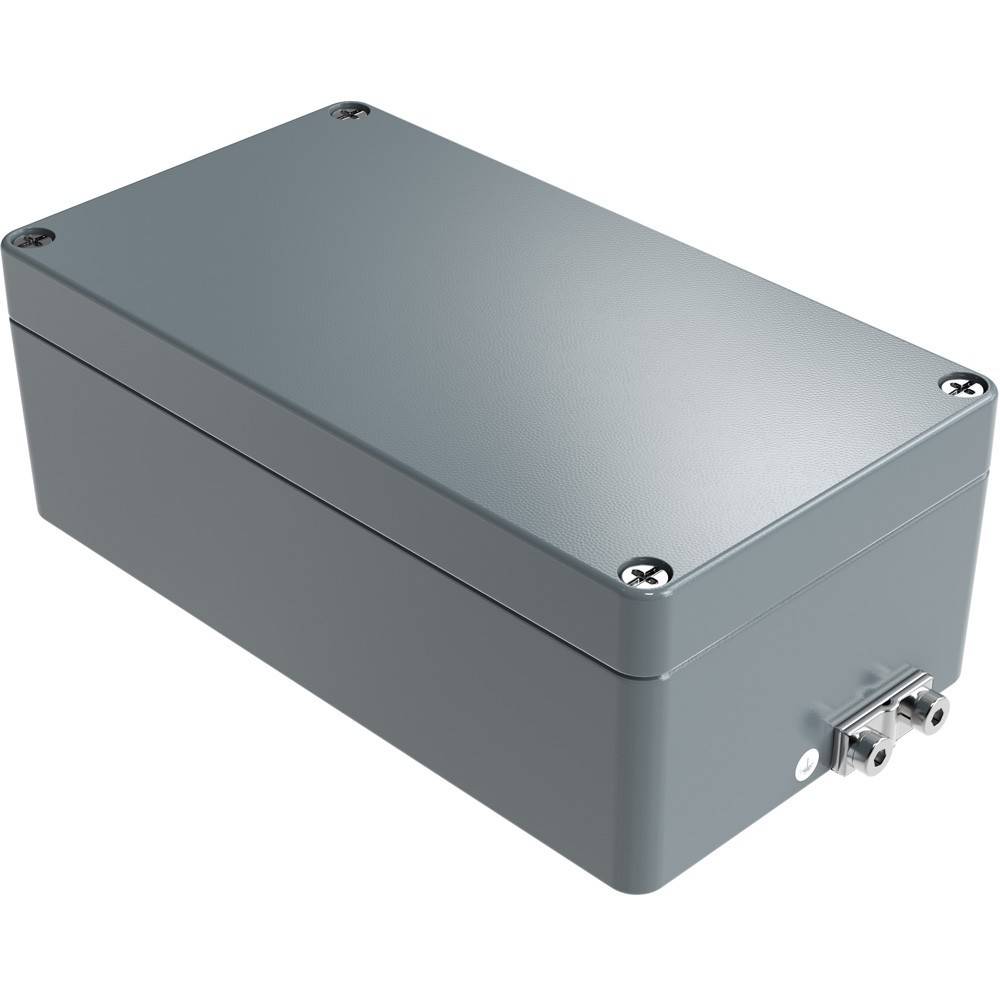 Eine rechteckige, graue Metallgehäusebox mit Schrauben an jeder Ecke und einem kleinen Anschluss an einer Seite, die zur Aufnahme elektrischer Komponenten verwendet wird.