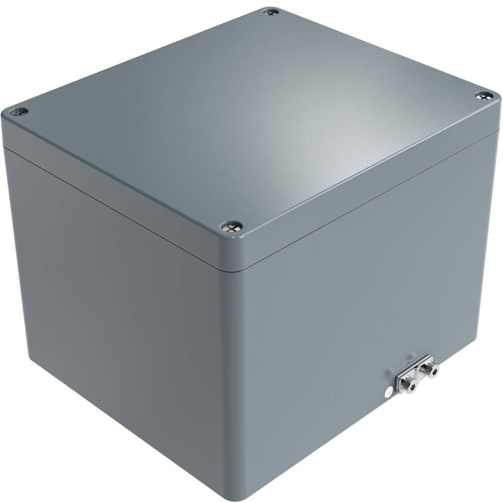 Eine graue Metallbox mit einem Klappdeckel und Schrauben an jeder Ecke, wahrscheinlich verwendet zur Unterbringung von elektronischen Komponenten oder als elektrisches Gehäuse.