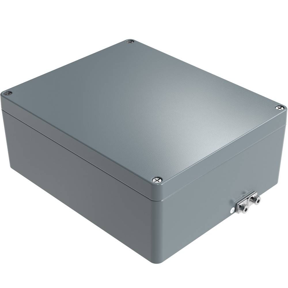 Eine graue Metallverteilerdose mit einem flachen Deckel und seitlichem Leitungsanschluss. Sie wird durch Schrauben an jeder Ecke befestigt und wird für elektrische Verkabelung verwendet.